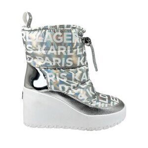 KARL LAGERFELD PARIS Women's Berdina Wedge Booties Silver Iridescent Size 6.5M
